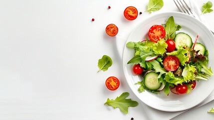Wall Mural - plate of salad with fresh vegetables isolated on white background top view : Generative AI