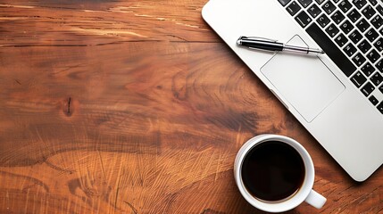 Poster - Work from home desk office with laptop blank notepad coffee cup and pen on wood table Flat lay top view copy spce : Generative AI