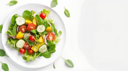 Wall Mural - plate of salad with fresh vegetables isolated on white background top view : Generative AI