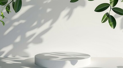 Poster - Top view of white podium with leaves and shadows Realistic platform for product presentation Minimal nature scene with pedestal mockup cosmetic display or award ceremony : Generative AI