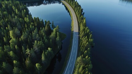 Fototapete - Aerial view of road with green woods by blue lakes water in summer Finland : Generative AI