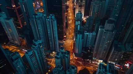 Poster - Aerial top down view of Hong Kong downtown at night view of city light and vehicles on the road Hong Kong island China : Generative AI