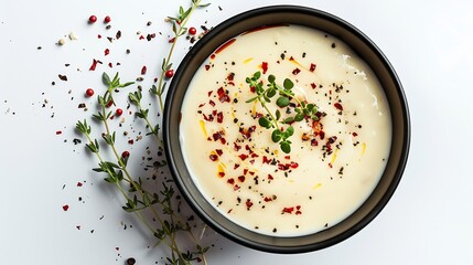 Wall Mural - black bowl of vegetable cream soup decorated with thyme and chili flakes isolated on white background top view : Generative AI