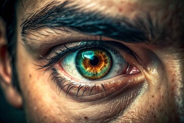 A man's eye is shown in a close up, with the iris being a bright green color