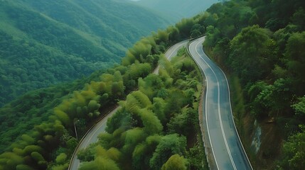 Poster - Aerial view of a road in the middle of the forest  road curve construction up to mountain : Generative AI
