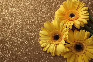 Poster - Yellow daisy blossoms on a glitter background, elegantly arranged for a stunning top view.