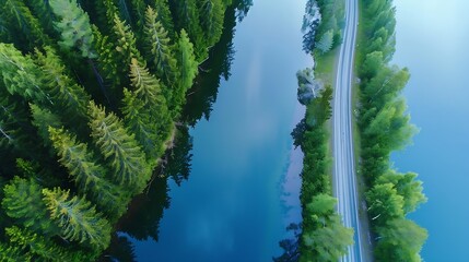 Fototapete - Aerial view of road with green woods by blue lakes water in summer Finland : Generative AI