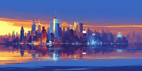City at sunset. Panorama of big city and river with reflection. City silhouette at sunset in blue and orange colors. 3d rendering  illustration
