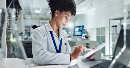 Poster - Woman, scientist and research with tablet for experiment results, medical study or exam on new discovery at lab. Female person or biologist working on technology for science, test or development