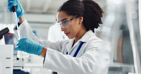 Poster - Glass beaker, pipette and woman scientist in laboratory for medical study, research or experiment. Goggles, dropper and professional female person with chemical liquid for pharmaceutical innovation.