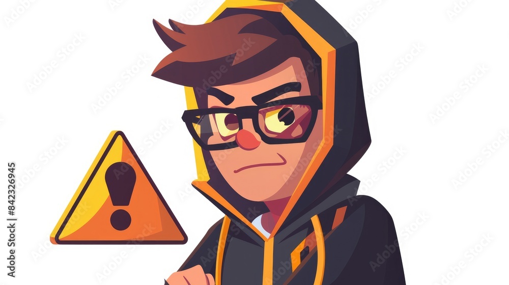 Illustration of a cartoon hacker man with a warning sign icon on a ...