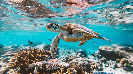 Poster - Hawksbill Turtle  Eretmochelys imbricata floats under water Maldives Indian Ocean coral reef : Generative AI