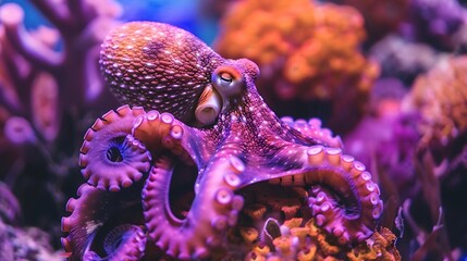 Poster - The magnificent octopus perfectly accepts the color of the purple coral reef demonstrating the skill of camouflage : Generative AI