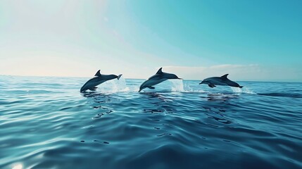Aufkleber - Group of dolphins jumping on the water  Beautiful seascape and blue sky : Generative AI