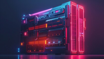 Futuristic server rack glowing with vibrant neon lights, illustrating advanced technology and modern data center infrastructure.