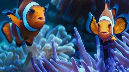 Wall Mural - two clown fish underwater look out of a blue anemone : Generative AI