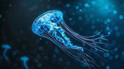 Poster - Jellyfish floating in the oceansea the light passes through the water creating a volumetric ray effect Dangerous blue jellyfish : Generative AI
