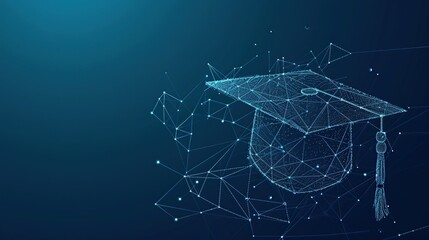 Poster - Abstract low poly wireframe of digital modern education concept with graduation hat on blue background Digital illustration symbol for online learning. copy space for text.