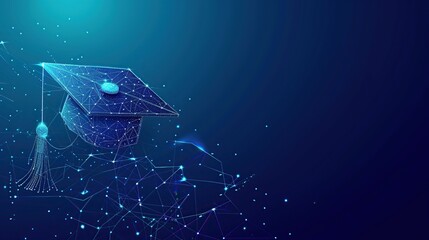 Poster - Abstract low poly wireframe of digital modern education concept with graduation hat on blue background Digital illustration symbol for online learning. copy space for text.