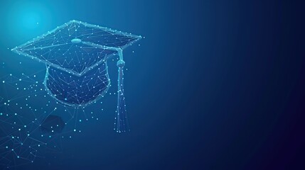 Poster - Abstract low poly wireframe of digital modern education concept with graduation hat on blue background Digital illustration symbol for online learning. copy space for text.