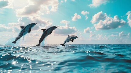Aufkleber - Group of dolphins jumping on the water  Beautiful seascape and blue sky : Generative AI