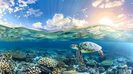 Poster - Hawksbill Turtle  Eretmochelys imbricata floats under water Maldives Indian Ocean coral reef : Generative AI
