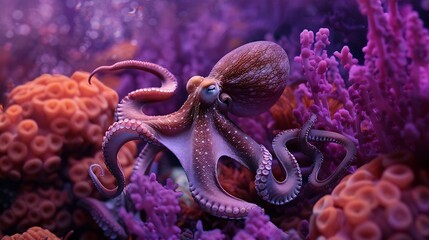 Poster - The magnificent octopus perfectly accepts the color of the purple coral reef demonstrating the skill of camouflage : Generative AI