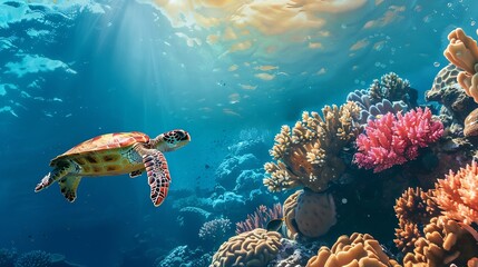 Poster - Red sea diving big sea turtle sitting on colorful coral reef : Generative AI