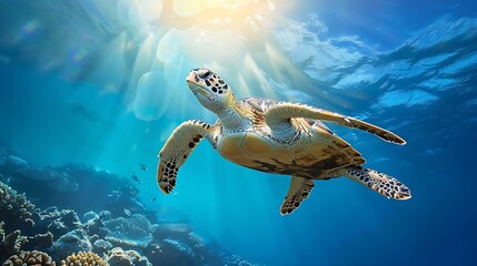 Poster - Hawksbill Turtle  Eretmochelys imbricata floats under water Maldives Indian Ocean coral reef : Generative AI