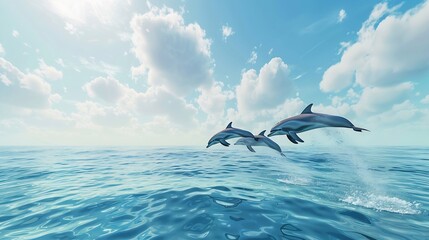 Aufkleber - Group of dolphins jumping on the water  Beautiful seascape and blue sky : Generative AI