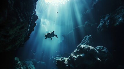 Poster - An amazing sea turtle swims between underwater rocks illuminated by the piercing rays of the sun : Generative AI