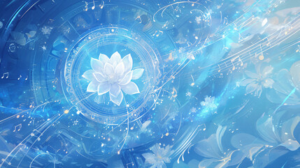 Poster - Blue Abstract Floral Design with Music Notes for Fantasy Background