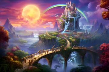 Wall Mural - Beautiful fantasy landscape with bridge and rainbow in the sky. Digital painting