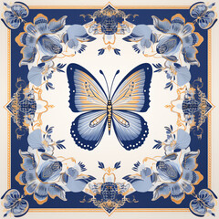 Poster - Blue and Gold Butterfly with Floral Frame for Design