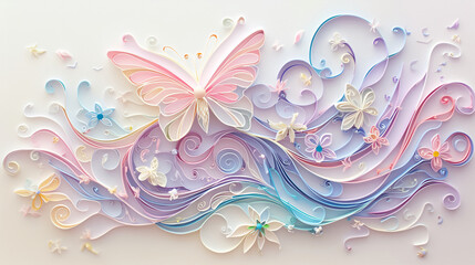 Poster - Colorful Paper Butterfly with Flowers for Art and Craft Background