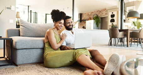 Poster - Laptop, relax and couple on floor in home for bonding, loving relationship and happy together. Marriage, living room and man and woman on computer for internet videos, website and online streaming