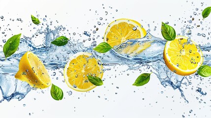 Wall Mural - Lemon water splash isolated on a white transparent background, png. Lemon fruit slice, leaves and water splash. background water wave. copy space for text.