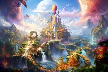 Wall Mural - Fantasy landscape with a waterfall. Digital painting. 3d rendering