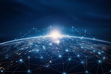 Poster - Dot and wire connections cover the Internet technology background on the Earth's surface