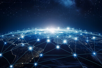 Poster - Dot and wire connections cover the Internet technology background on the Earth's surface