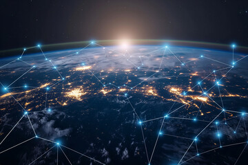 Poster - Dot and wire connections cover the Internet technology background on the Earth's surface