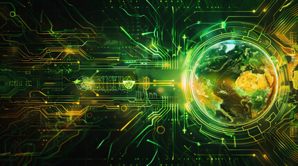 Poster - Green Circuit Board with Earth Globe for Technology and Sustainability