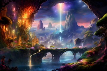 Wall Mural - Fantasy landscape with a bridge over the river. Digital painting.