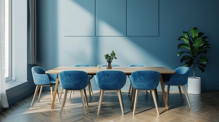 Wall Mural - Wooden dining table and blue chairs. Scandinavian home interior design of modern dining room. copy space for text.