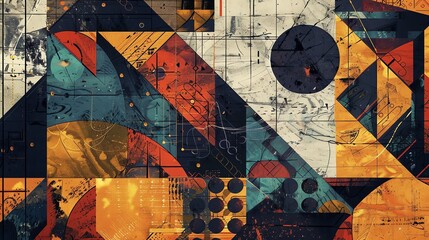 Poster - Abstract geometric shapes with a grunge texture. Earthy colors of red, orange, yellow, brown, and blue.