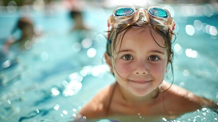 A little girl standing at the edge of a swimming pool ready to jump in She is wearing a bright swimsuit and goggles her face full of anticipation and excitement The pool water is clear and inviting