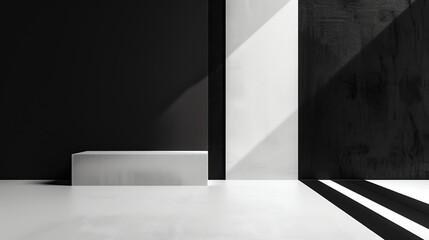 Poster - Black and white room with a spotlight on the white floor. There is a white podium in the center of the room.