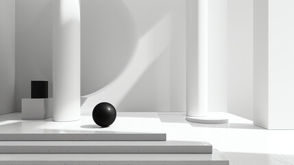 Poster - 3D rendering of a minimalist scene with a black sphere on a white podium.