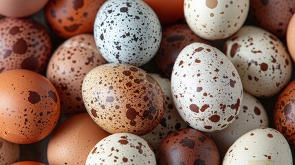 Quail egg background, highlighting the unique pattern of quail eggs. Quail farm background.