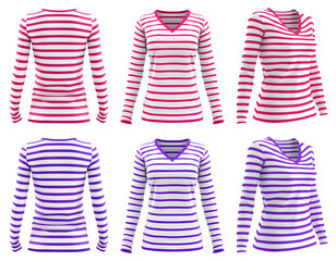 Wall Mural - 2 Set of white and magenta purple pink stripe striped long sleeve woman tee sweater v-neck front back side view on transparent background cutout, PNG file. Mockup template for artwork design